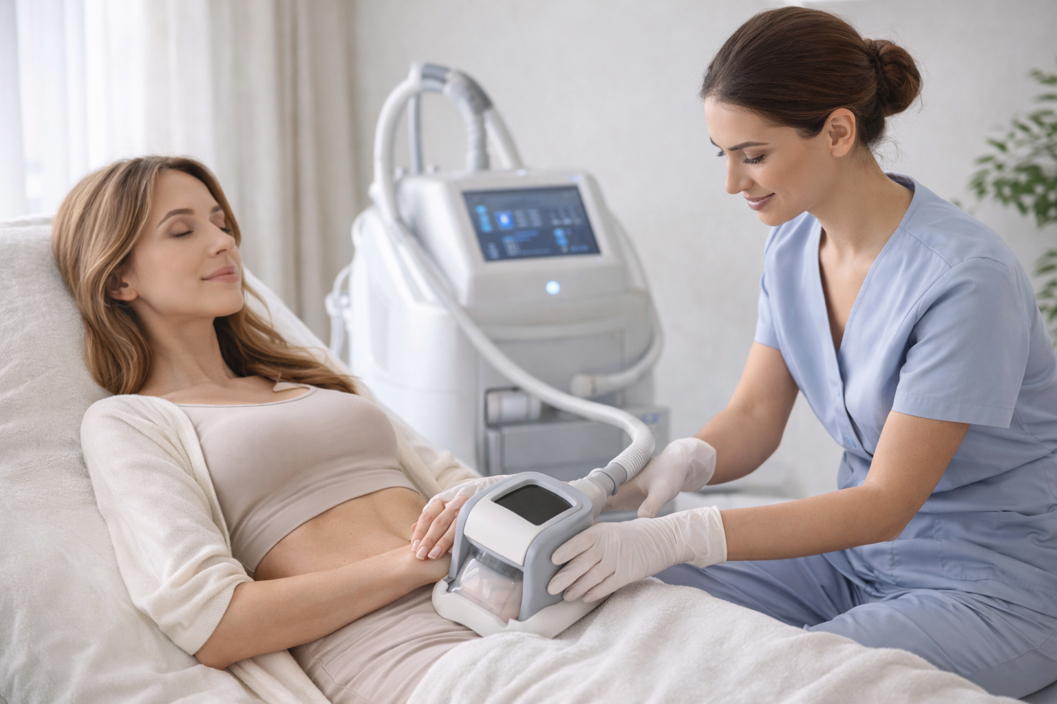 A person standing in front of a mirror, gently touching their waist with a thoughtful expression.